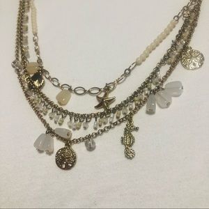Summer Beach Necklace Seahorse Starfish sand dollar shell white bead gold 3 teir